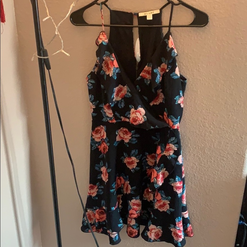 pink and blue flowered dress